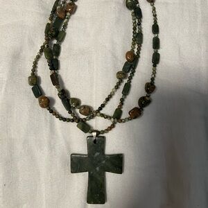 Jadeite and unikite mixed stone three strand Beaded Cross Necklace